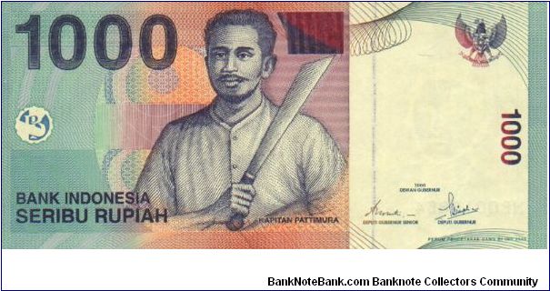 1000 Rupiah. Kapitan Pattimura on front, fishing boat and volcano on back Banknote