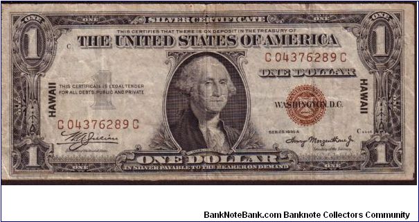 Series 1935-A, $1 Hawaii Overprint Silver Certificate, FR# 2300, 35,052,000 notes printed.  Issued for Hawaii after the attack on Pearl Harbor Banknote