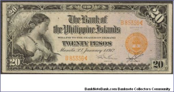 p9b 1912 20 Peso BPI Note Banknote