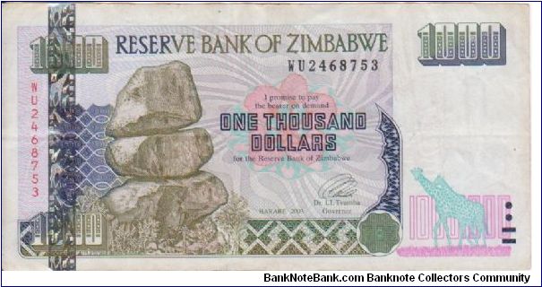 Zimbabwe $1000 note dated 2003 Banknote