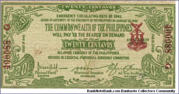 S-644 Negros Occidental 20 Centavos note. Banknote