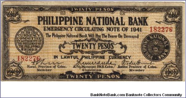 S218a Rare Cebu 20 Pesos note, redeamed by Placer, Leyte. Banknote