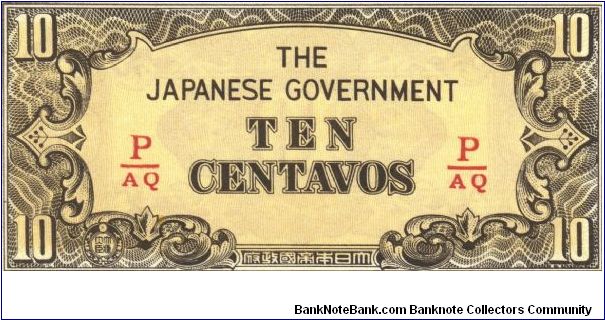 PI-104b RARE Philippine 10 centavos note under Japan rule, fractional block letters P/AQ. Banknote