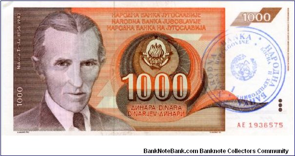 1000 Duinara
Brown/Orange
1990 issue of Yugoslavia Handstamped Narodna Banka Bolne I Hercegovine
Nicola Tesla, Coat of arms
High frequency transformer
Wtmk N Tesla Banknote