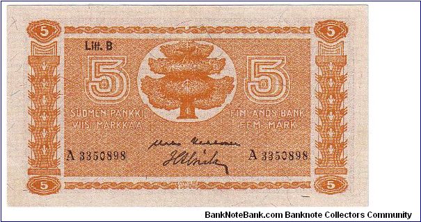 5 markkaa Litt.B This note is made 1948 Banknote