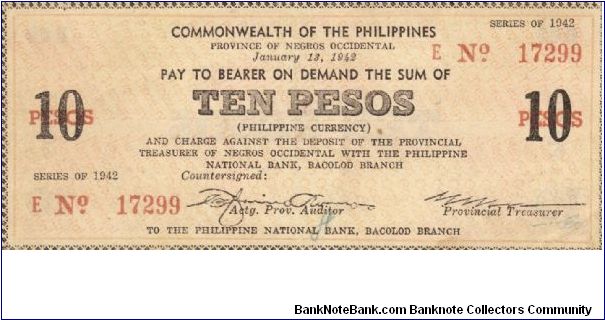 S-639 Province of Negros Occidental 10 Pesos note. Banknote