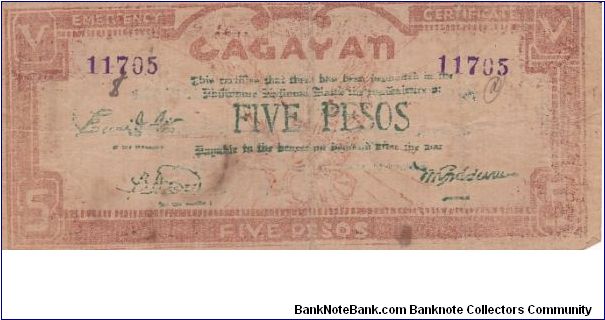 Emergency & Guerrilla Currency

Cagayan: 5 Pesos (ND Emergency Certificate issue) Banknote