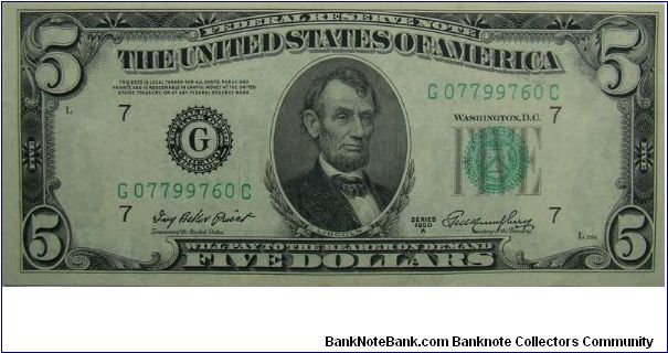1950A $5 Federal Reserve Note
Priest/Humphrey Banknote