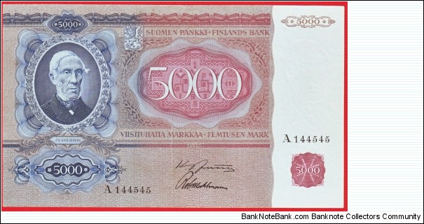 5000 markkaa Serie A Notes size 203 X 120 mm (inc 7,992 X 4,724) This note is made of 1941 Banknote