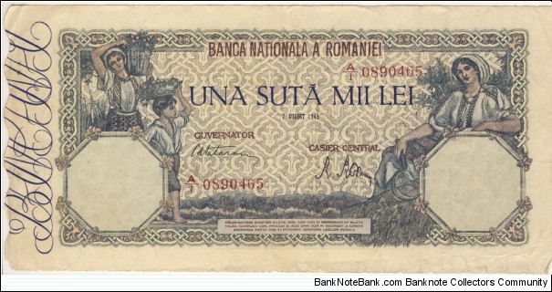 100.000 Lei Kingdom of Romania 1945 Banknote