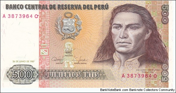 Peru P134b (500 intis 26/6-1987) Banknote
