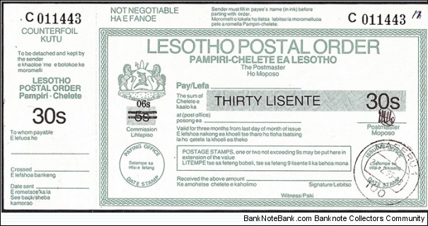 Lesotho 1995 30 Lisente postal order. Banknote