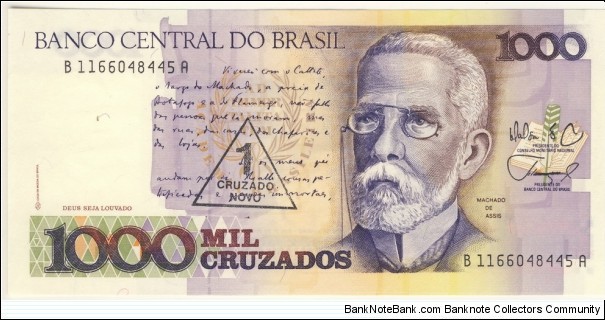 1000 Cruzados(overprinted with value 1 Cruzado Novo) Banknote