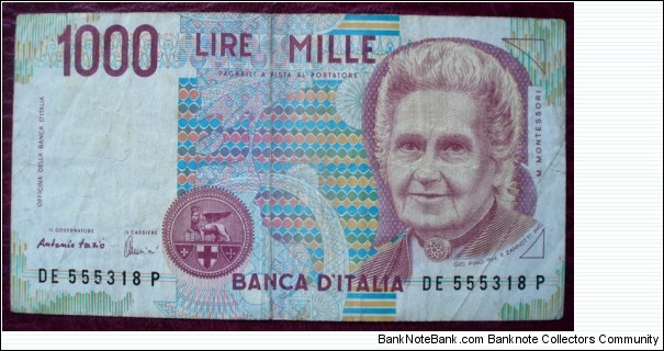 Banca d'Italia |
1,000 Lire |

Obverse: Maria Montessori (1870-1952) – the first woman in Italy to qualify as a physician |
Reverse: Teacher with student |
Watermark: Maria Montessori Banknote