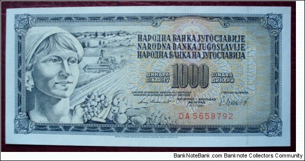 Narodna Banka Jugoslavije/Narodna Banka na Jugoslavija |
1,000 Dinara |

Obverse: Woman with Fruits and Harvesting |
Reverse: Value in the languages of the Yugoslav Republic Banknote
