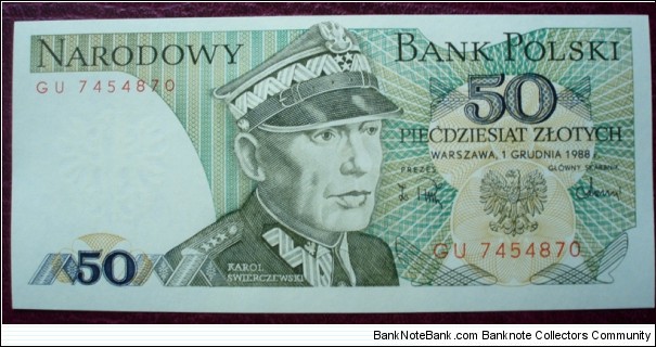 Narodowy Bank Polski |
50 Złotych |

Obverse: Karol Wacław Świerczewski and Coat of Arms |
Reverse: Order of Grunwald |
Watermark: Coat of Arms Banknote
