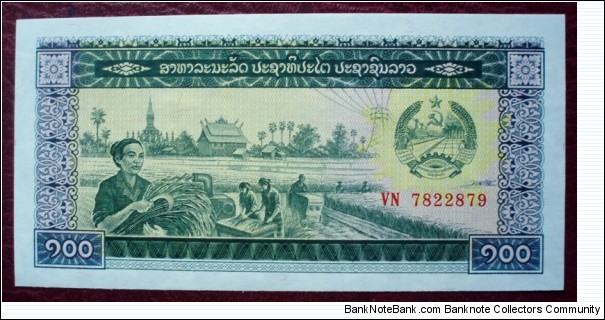 Thanaakhaan bhangsad |
100 Kip |

Obverse: Harvesting |
Reverse: Bridge Banknote