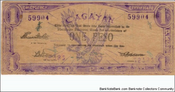 S-186 Cagayan 1 Peso note with stray serial number from another note. Banknote