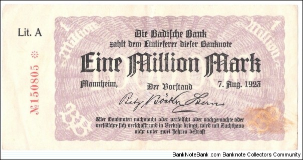 1.000.000 Mark (BADISCHE BANK 1923) Banknote