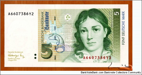 Germany | 
5 Mark, 1991 | 

Obverse: Writer and novelist Bettina von Arnim (1785-1859), Wiepesdorf castle and historic buildings of Berlin, and Horn-cornucopia symbolising the collection of folk songs 