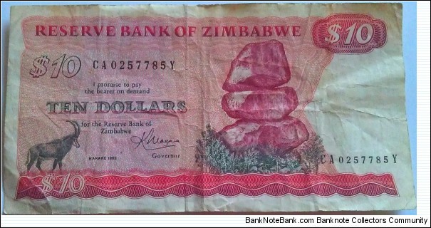Zimbabwe $10 note signed by Govenor K.Moyana Banknote