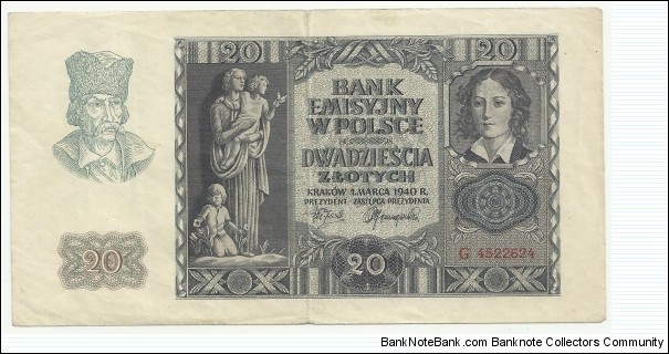 Poland 20 Zlotych 1940 Banknote