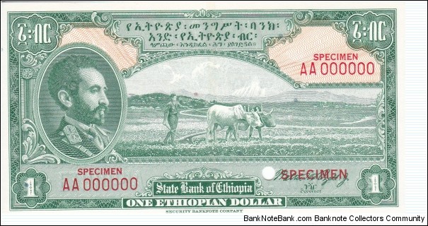 1 Ethiopian Dollar Colour Trial Specimen 000000 Banknote