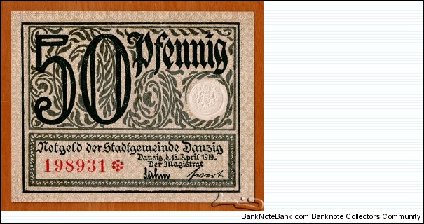 Danzig/Gdańsk | 
50 Pfennig, 1919

Obverse: Denomination | 
Reverse: Town view | Banknote