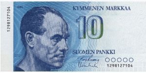 10 markkaa. FRONT: Runner Paavo Nurmi. BACK: Olympic Stadium in Helsinki.

Primary signature: Rolf Kullberg Banknote
