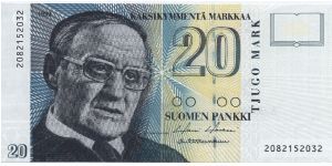 20 markkaa. FRONT: Author Väinö Linna. BACK: Industrial area at Tammerkoski rapids in Tampere.

Primary signature: Harri Holkeri Banknote