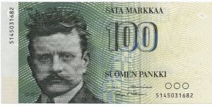 100 markkaa. FRONT: Composer Jean Sibelius. BACK: Swans and forest. Banknote