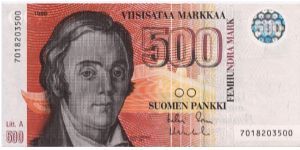500 markkaa. Litt. A series. FRONT: National epic author Elias Lönnrot. BACK: Punkaharju esker in eastern Finland.

Primary signature: Kalevi Sorsa. Banknote