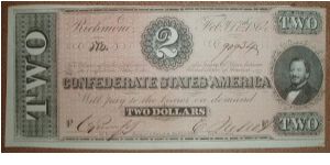 Confederate States 2 Dollars. Portrait of J. P. Benjamin. Banknote