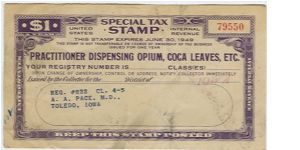 Special Tax Stamp printed by BEP for collection by IRS of occupation tax.  Self explainatory.  Printed on watermarked paper [USIR] and blank on back Banknote