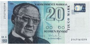 20 markkaa. Litt. A series. FRONT: Author Väinö Linna. BACK: Industrial area at Tammerkoski rapids in Tampere. Banknote