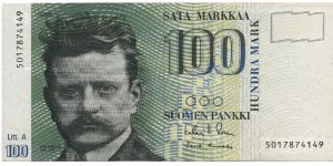 100 markkaa. Litt. A series.  FRONT: Composer Jean Sibelius. BACK: Swans and forest. 

Primary signature: Kalevi Sorsa. Banknote