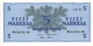 5 markkaa. Litt. B series of 1963. Star note. Banknote