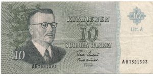 10 markkaa. Litt. A series. OBVERSE: J.K.Paasikivi. Banknote