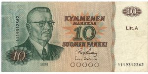 10 markkaa. Litt. A series. OBVERSE: J.K.Paasikivi.

Primary signature: Rolf Kullberg Banknote