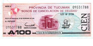 Argentina - 100 Australes (Provincia de Tucuman)- 1991 - S-2715 Banknote