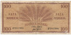 100 markkaa. Banknote