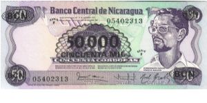 50.000 Cordobas (overprintes) * 1987 * P-148 Banknote