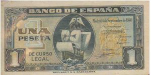 1 Peseta,
Anverso:Santa Maria, una de las tres naves que acompañaron a Colón en el descubrimiento de América. Banknote