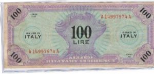 Allied Military Currency - 100 Lire issued in Italy. Banknote