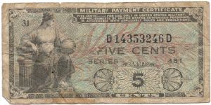 US Military Payment Certificate - 5 cents. This series was issued from June 1951 to May 1954. Banknote