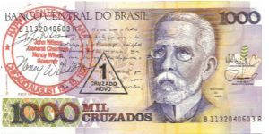 Brazil 1989 1 New Cruzado overprint on 1000mil curzados. Note has 1991 ANA Convention stamp/overprint from John & Nancy Wilson. P-216 Banknote