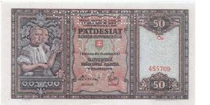 Slovak Republic
50 Ks 1940
SPECIMEN Banknote