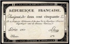 250 Livres.

7 Vendémiaire l'an 2eme series. You can see the seal detail from the center of the note. Banknote