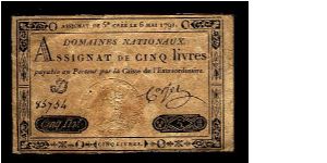 5 Livres.

The issue of May 6, 1791. Banknote
