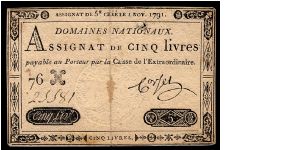 5 Livres.

The issue of Nov. 1, 1791. Banknote